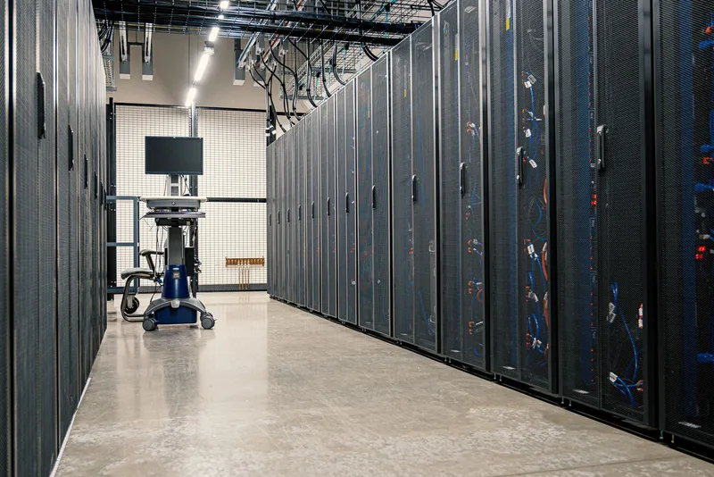 Rows of server cabinets with network equipment and cables