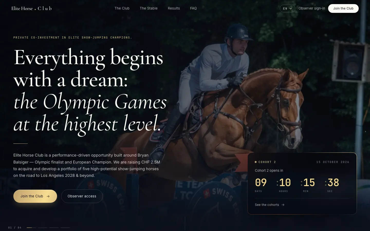 Elite Horse Club: The front door: Olympic ambition with a live countdown.