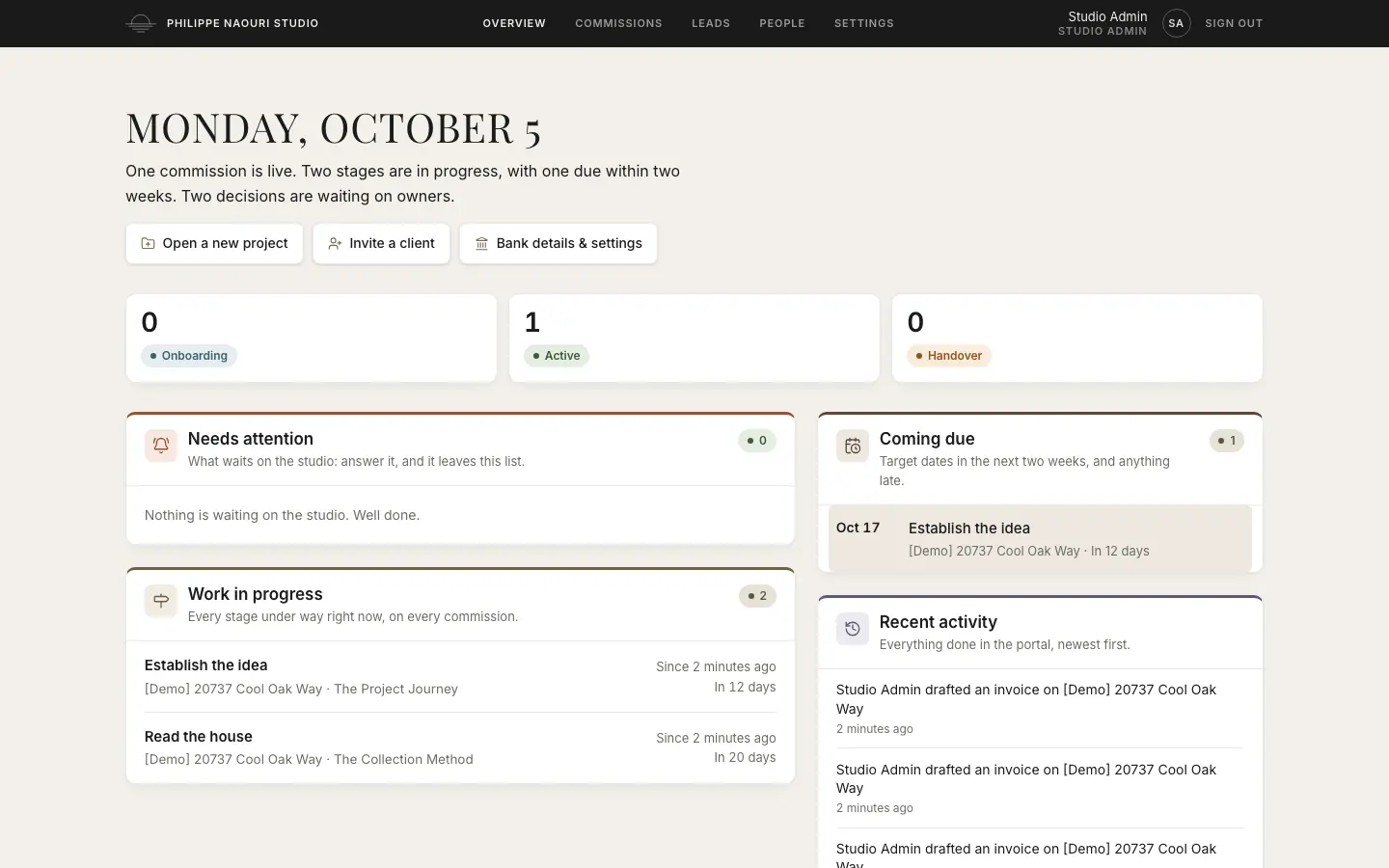 Philippe Naouri Studio: Studio admin: every commission at a glance.